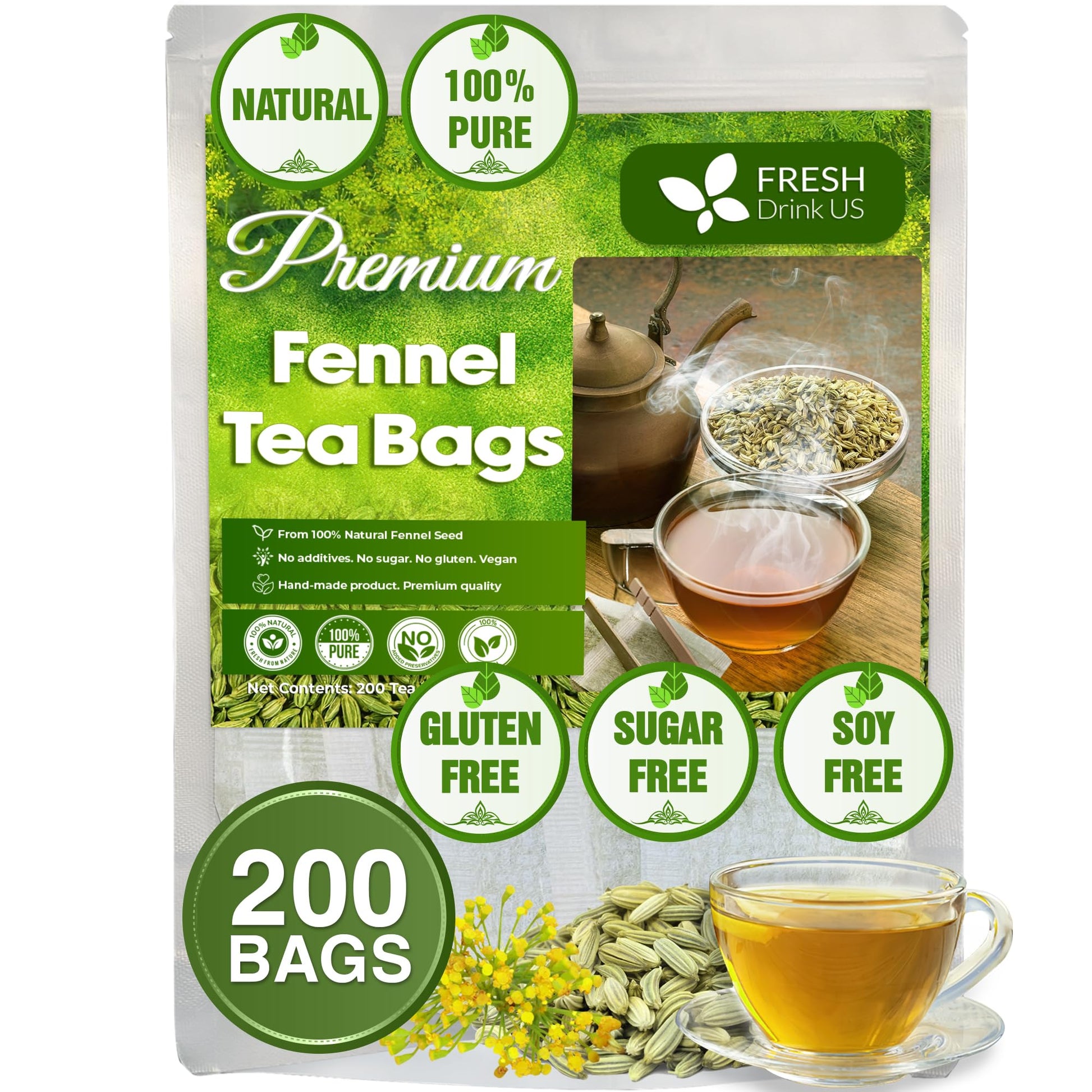 FRESHDRINKUS Fennel Tea Bags, 100% Natural, Vegan, 200 Count, No Sugar, No Caffeine, No Gluten