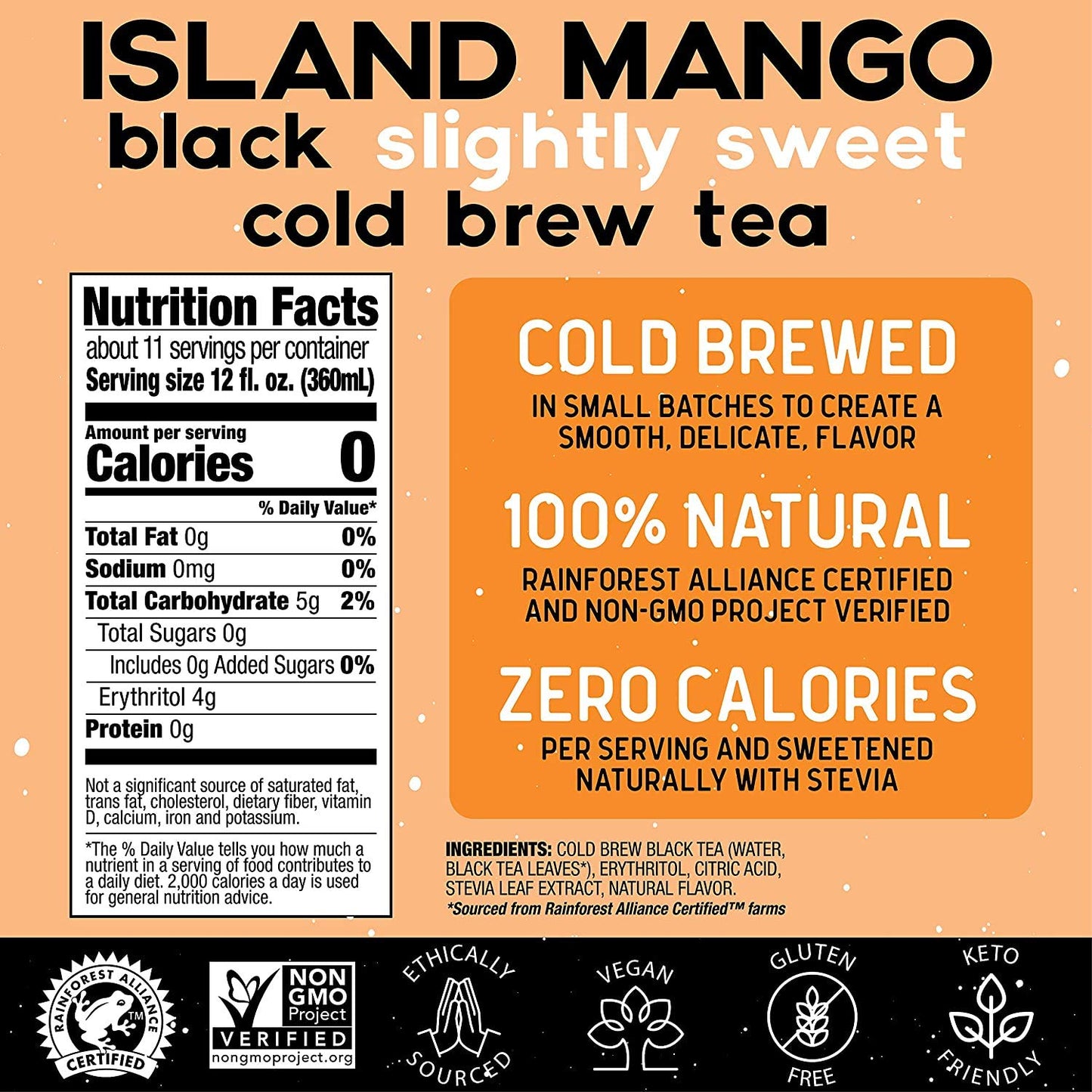 Promise Beverages Slightly Sweet Island Mango Cold Brew Tea On Tap (1 Gallon / 128 Fluid Ounces) Rainforest Alliance Certified B