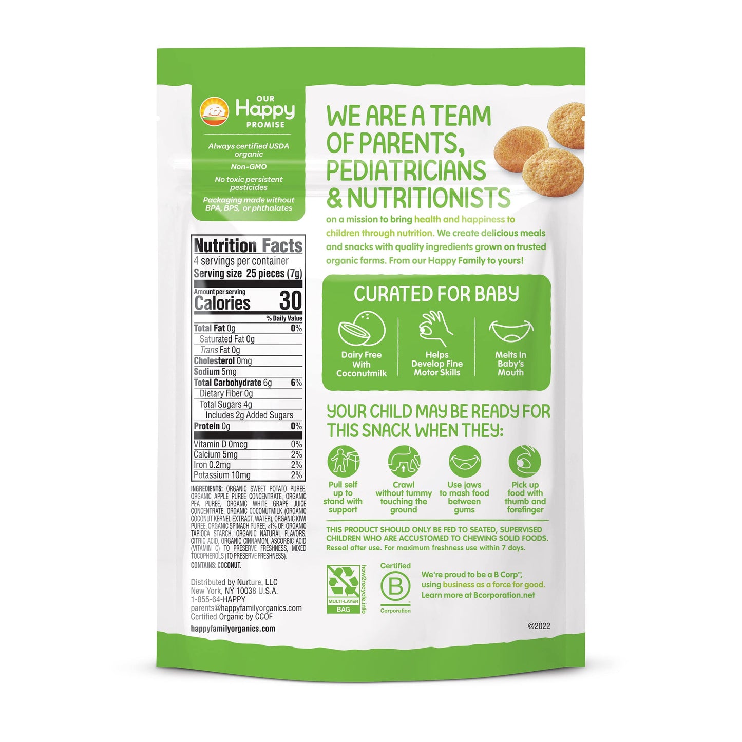 Happy Baby Organics Creamies Freeze-Dried Veggie & Fruit Snacks With Coconut Milk, Apple Spinach Pea & Kiwi, 1 Ounce (Pack Of 8)