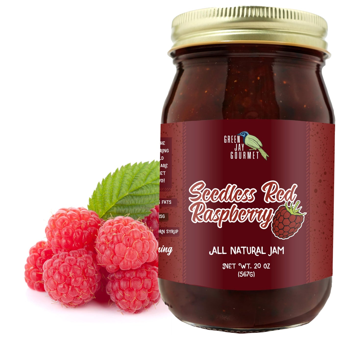 Green Jay Gourmet Seedless Raspberry Jam - All-Natural, Vegan, Gluten-Free - 20 Ounces