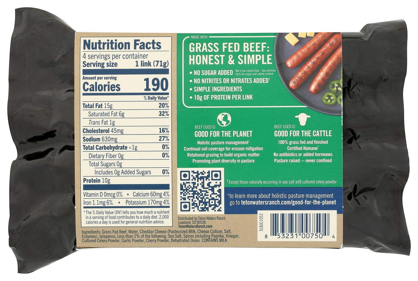 Teton Waters Ranch Jalapeno Cheddar Beef Bratwurst, 10 Oz