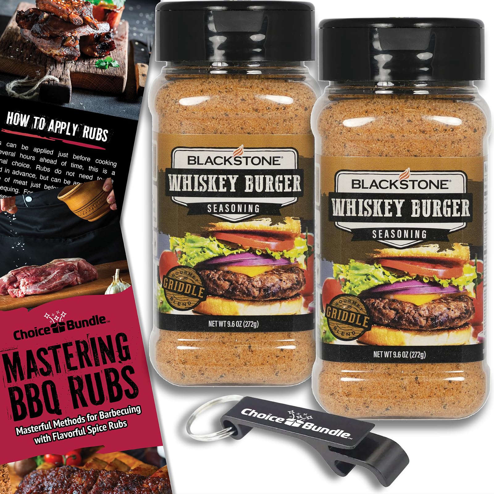 Blackstone Flavor Blend Burger Seasoning - Gourmet Griddle Top-Grade Barbecue Rub 2 Pk (19.2 Oz) + Bbq Masters & Opener (4 Items)!
