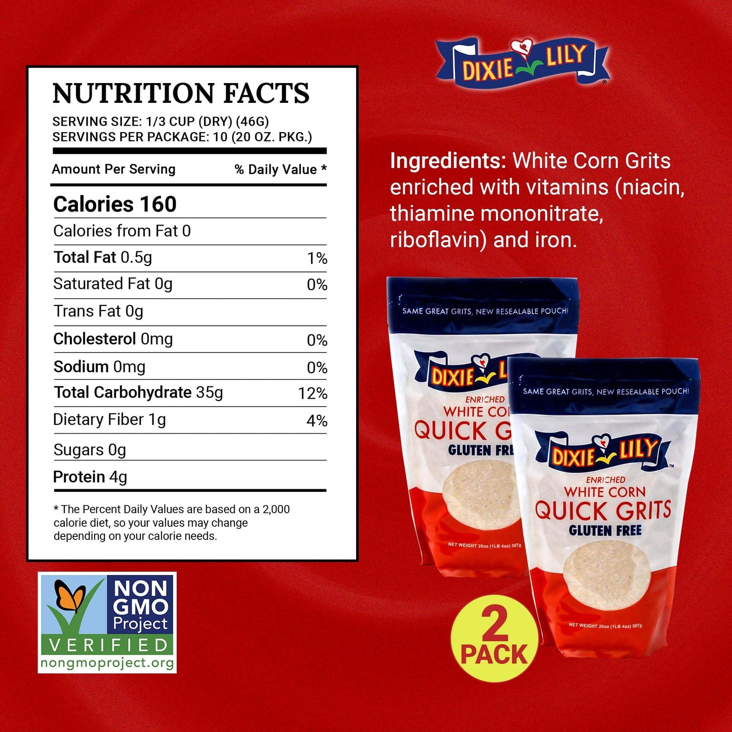 Dixie Lily White Corn Grits - Enriched With Iron, Niacin, Thiamine, Riboflavin - Classic Southern Taste - Certified Non-GMO - 2-