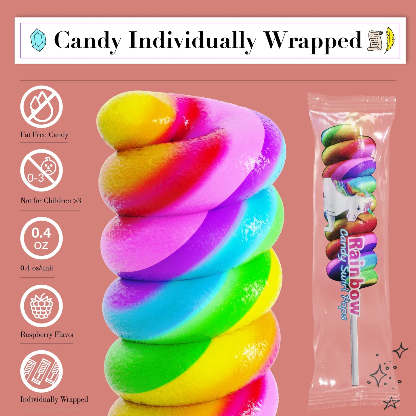 Unicorn Candy Swirl Lollipops Individually Wrapped 20pk- Unicorn Lollipop Candy Bulk For Unicorn Party Favors & Rainbow Party Fa