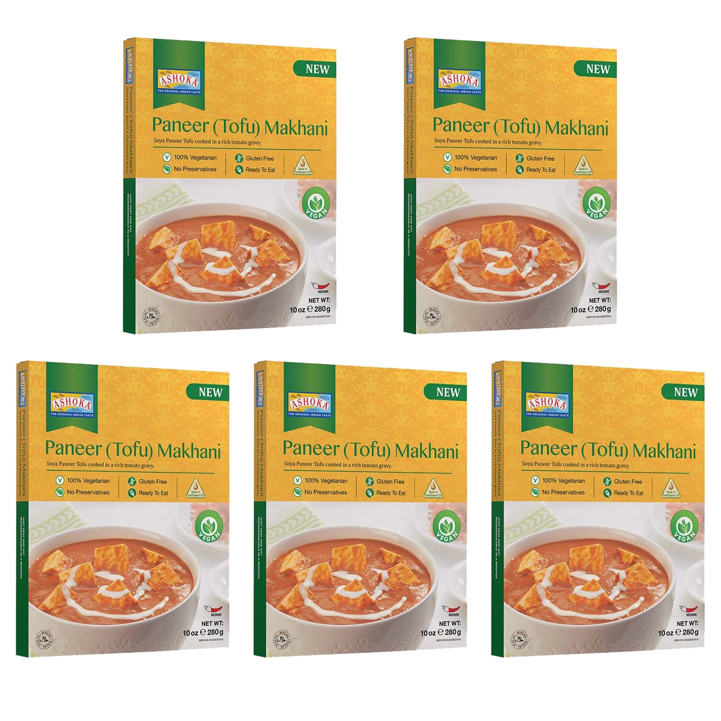 ASHOKA Tofu Curry Plant-Based Gluten Free Meal Pack of 5, Ready to Heat, All-Natural, Kosher Certified, 10 Ounce