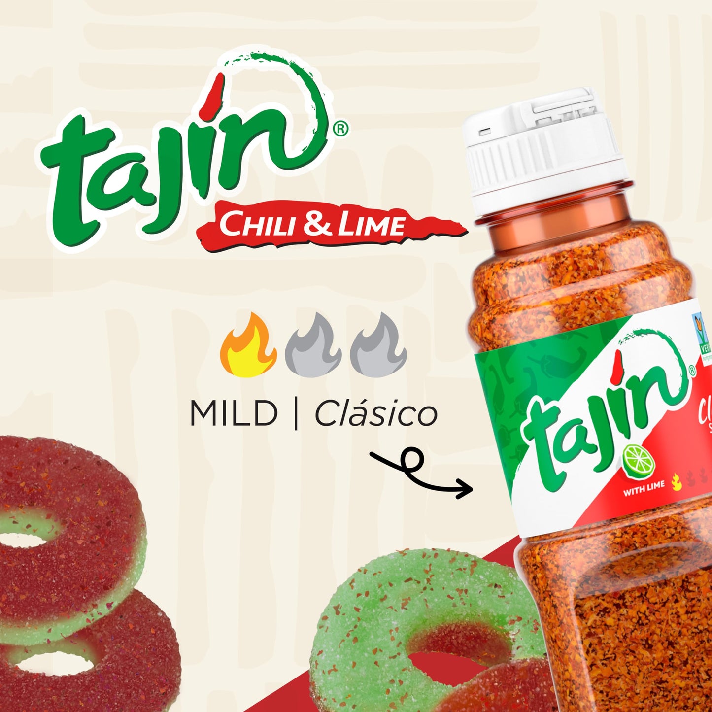 Snak Club Tajin Watermelon Rings Gummy Candy, Fruit Candy Gummies with Chili and Lime Seasoning, Mild, Gluten-Free and Vegan Sna