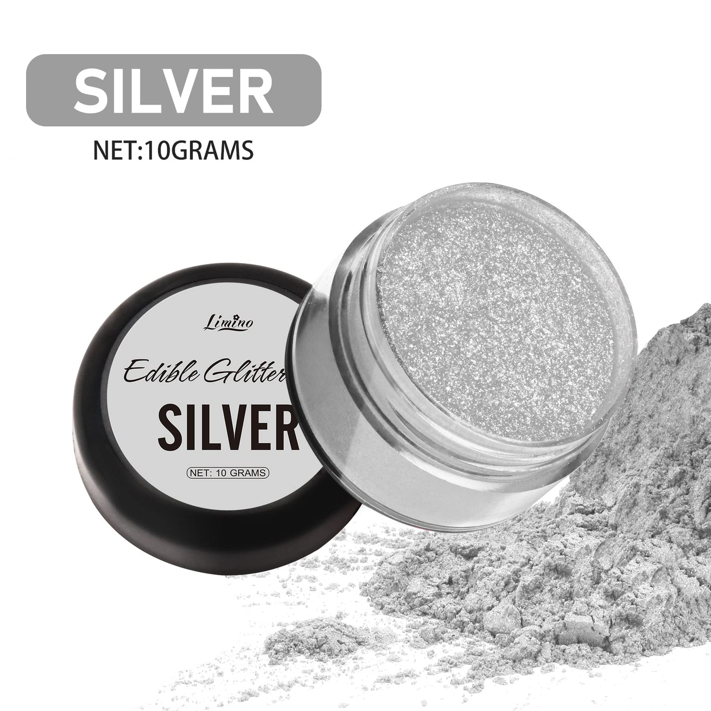Limino Edible Glitter - 10g Metallic Luster Dust for Cake Decorating, Baking, and Drinks - Silver