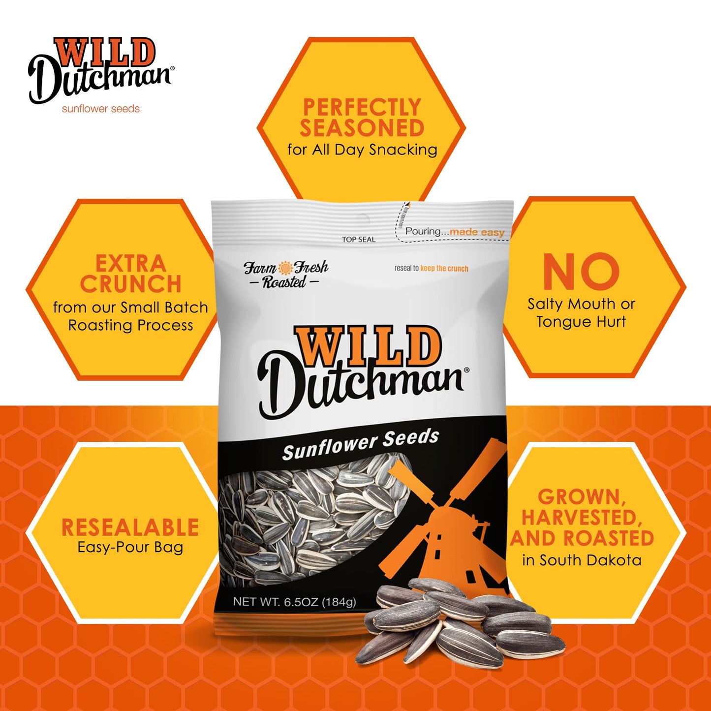 Wild Dutchman Roasted Sunflower Seeds, Salted Original Flavor, 13 oz, Resealable Bag, Pack of 12