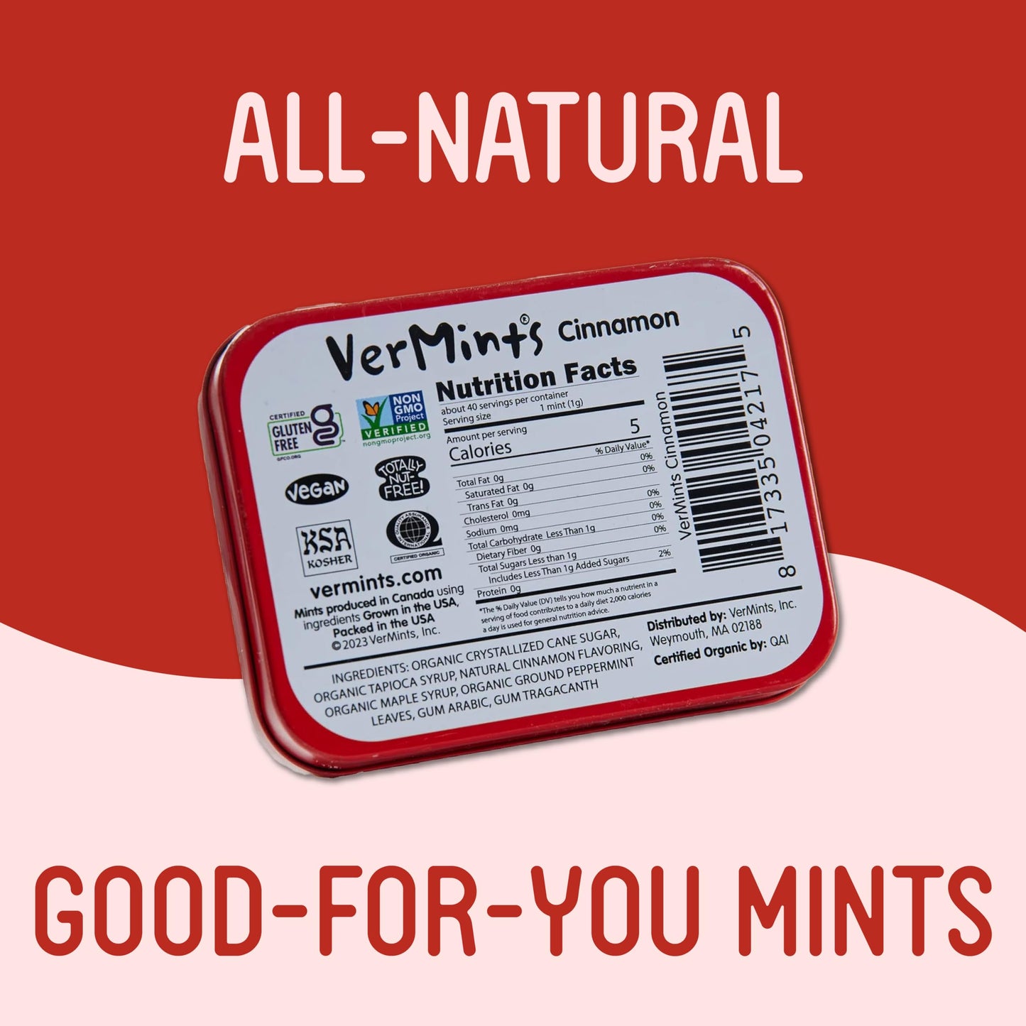 VerMints Organic Cinnamon Breath Mints - Real Lasting Cinnamon Refreshment - Travel Size Tin - Non-GMO, Nut Free, Gluten Free, V