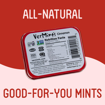 VerMints Organic Cinnamon Breath Mints - Real Lasting Cinnamon Refreshment - Travel Size Tin - Non-GMO, Nut Free, Gluten Free, V