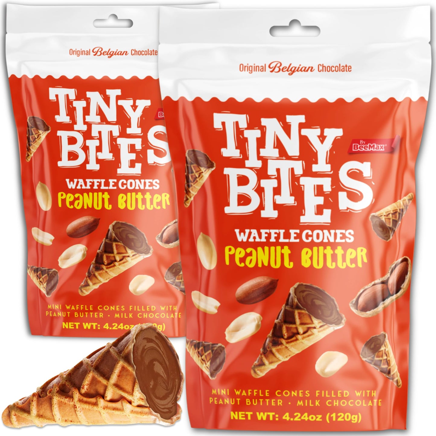 BEEMAX Tiny Bites Mini Waffle Cones Treats - Premium Belgian Chocolate - 4.24 oz Bag (Pack of 2) - Peanut Butter Flavor