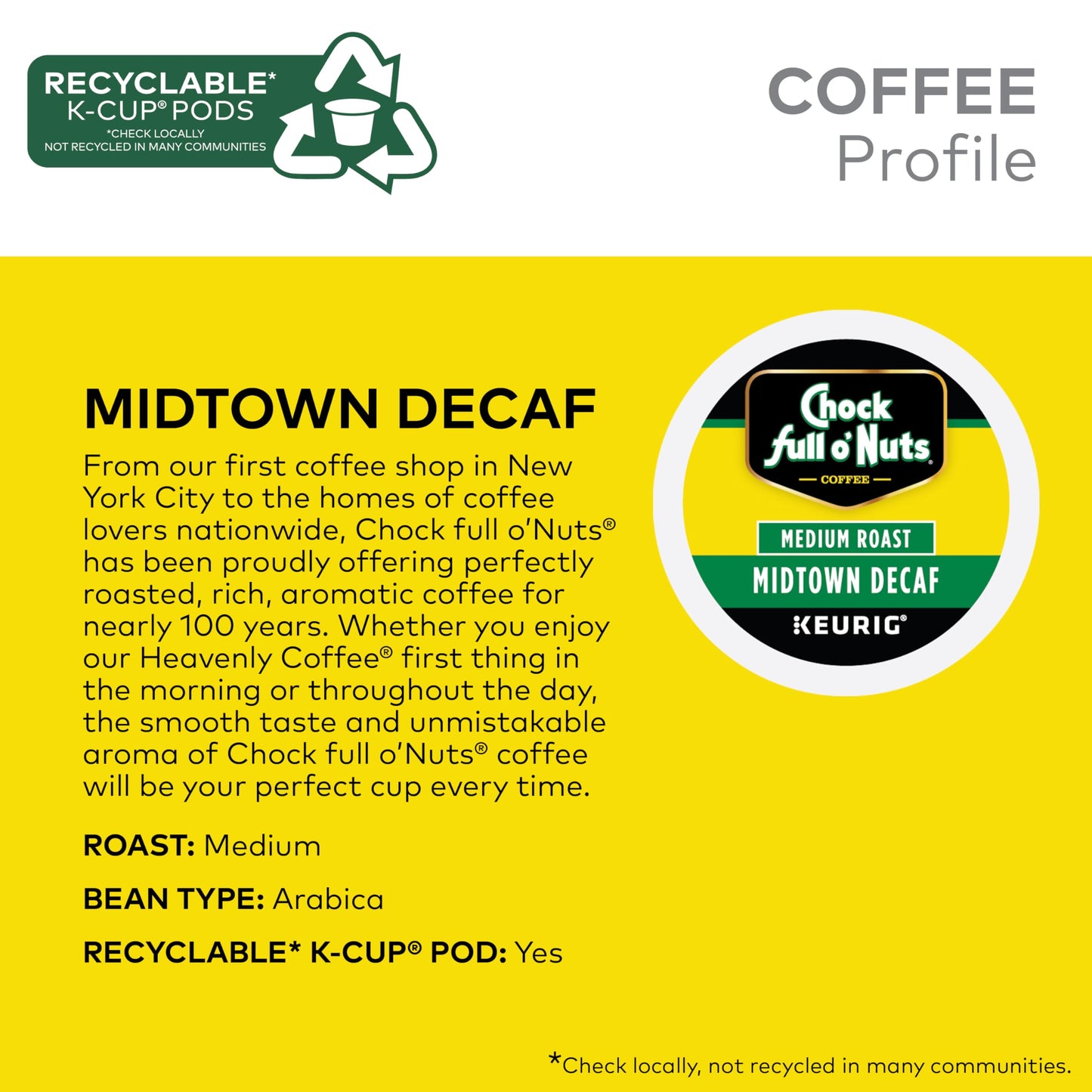 Chock Full o Nuts Decaf Keurig K-Cup Pods, Premium Arabica, Medium Roast, 12 Count