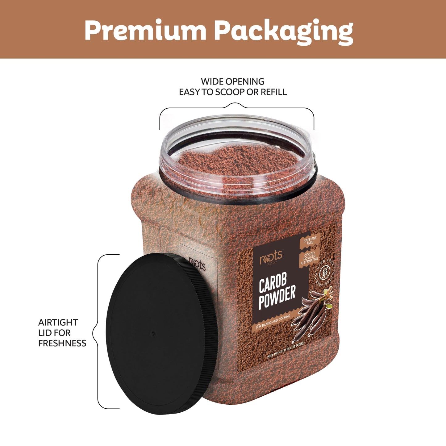 Roots Circle Carob Powder Unsweetened, 28oz Bulk - Caffeine-Free Cocoa Alternative for Smoothies, Cookies, and Yogurt