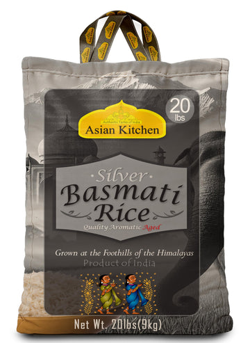 Asian Kitchen Silver White Basmati Rice Extra Long Aged 20lbs (9.08kg) ~ All Natural | Gluten Friendly | Vegan | Indian Origin |