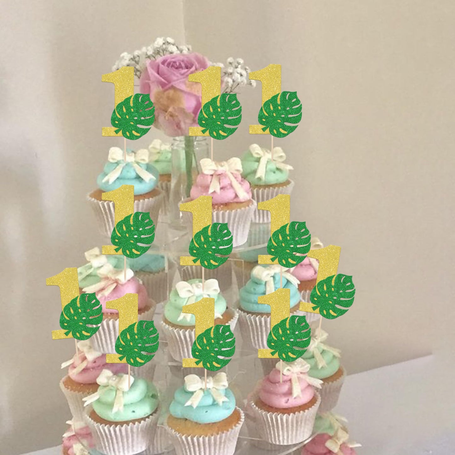 24 Pcs 1St Birthday Cupcake Toppers Glitter Numer 1 Palm Leaf Cupcake Picks Wild One Baby Shower Kids 1St Birthday Party Cake De