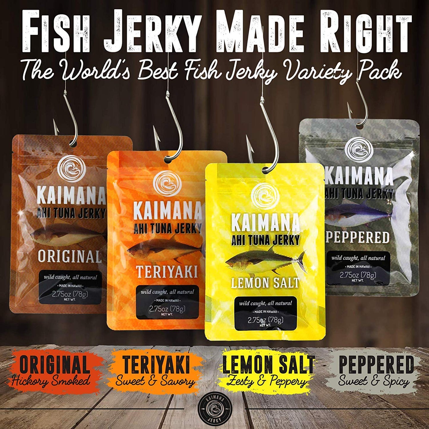 Kaimana Jerky Ahi Tuna Fish Jerky - Premium Protein, Omega-3, All Natural, 12 Pack Variety Bundle