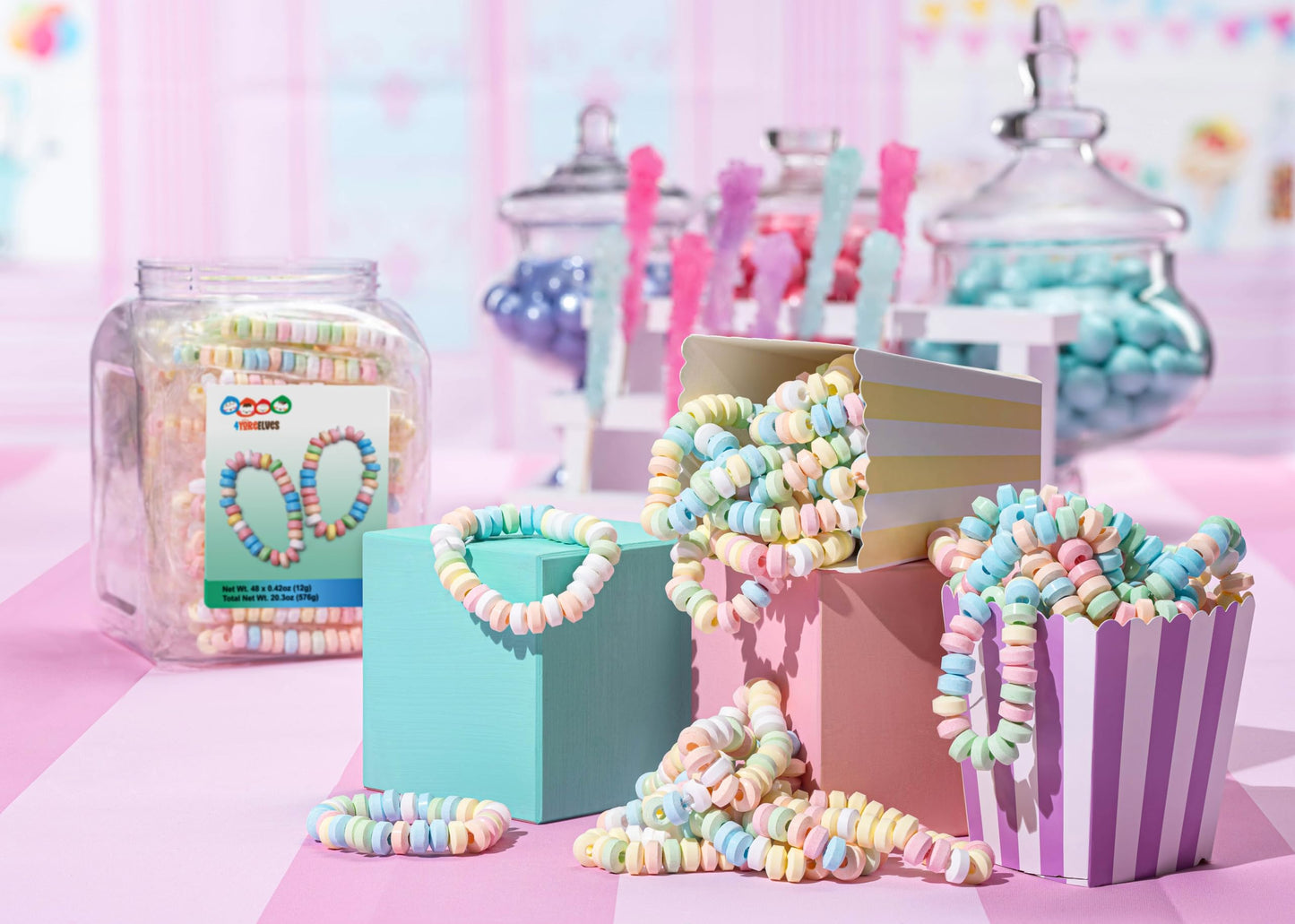 48 Candy Bracelets Individually Wrapped, Stretchable Vintage Candy Jewelry For Kids, The Perfect Pastel Addition To Your Candy B
