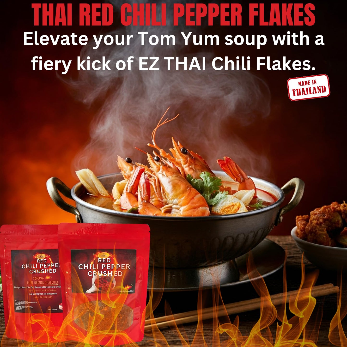 Ez Thai - Chili Pepper Flakes 3.5Oz - Thai Red Chilli Crushed Powder Seasoning Spice For Chinese, Mexican, & Asian Cooking Cuisi
