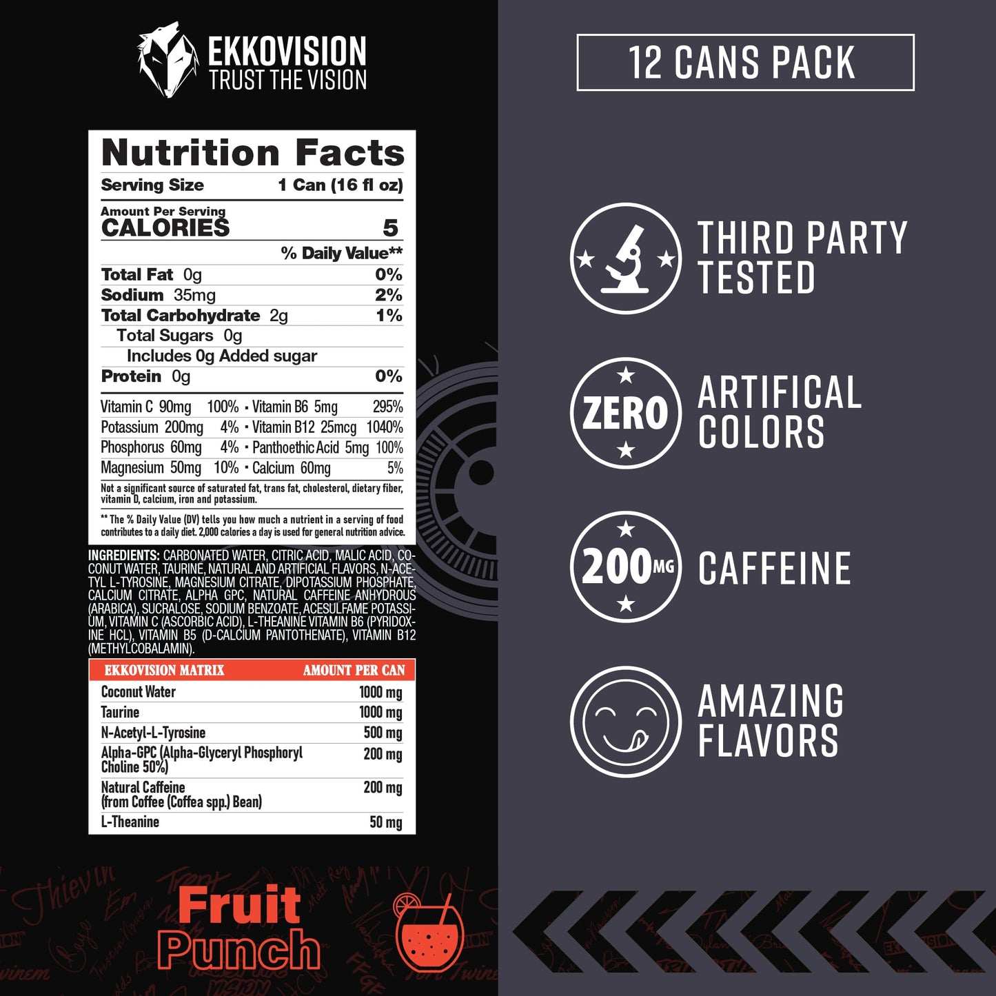 Ekkovision Energy Drink Variety Pack, 200 MG Natural Caffeine, 16 Fl Oz Can, 12 Pack