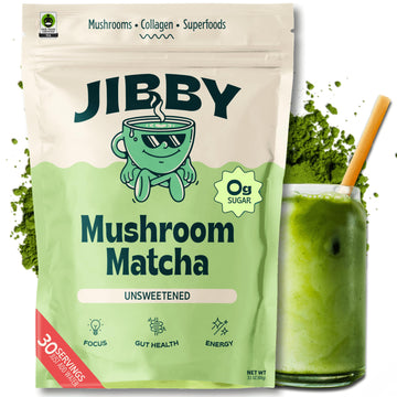 Jibby Mushroom Matcha Super Latte - Ceremonial Grade Green Tea Organic Matcha Powder, Collagen, Mct Oil, Superfood Mushrooms, Ma