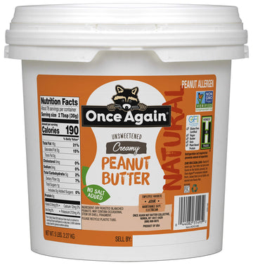 Once Again Natural, Creamy Peanut Butter, 5Lb Pantry Pal (Same As 5 Jars)- Salt Free, Unsweetened - Gluten Free Certified, Vegan, Kosher, Non-Gmo Verified