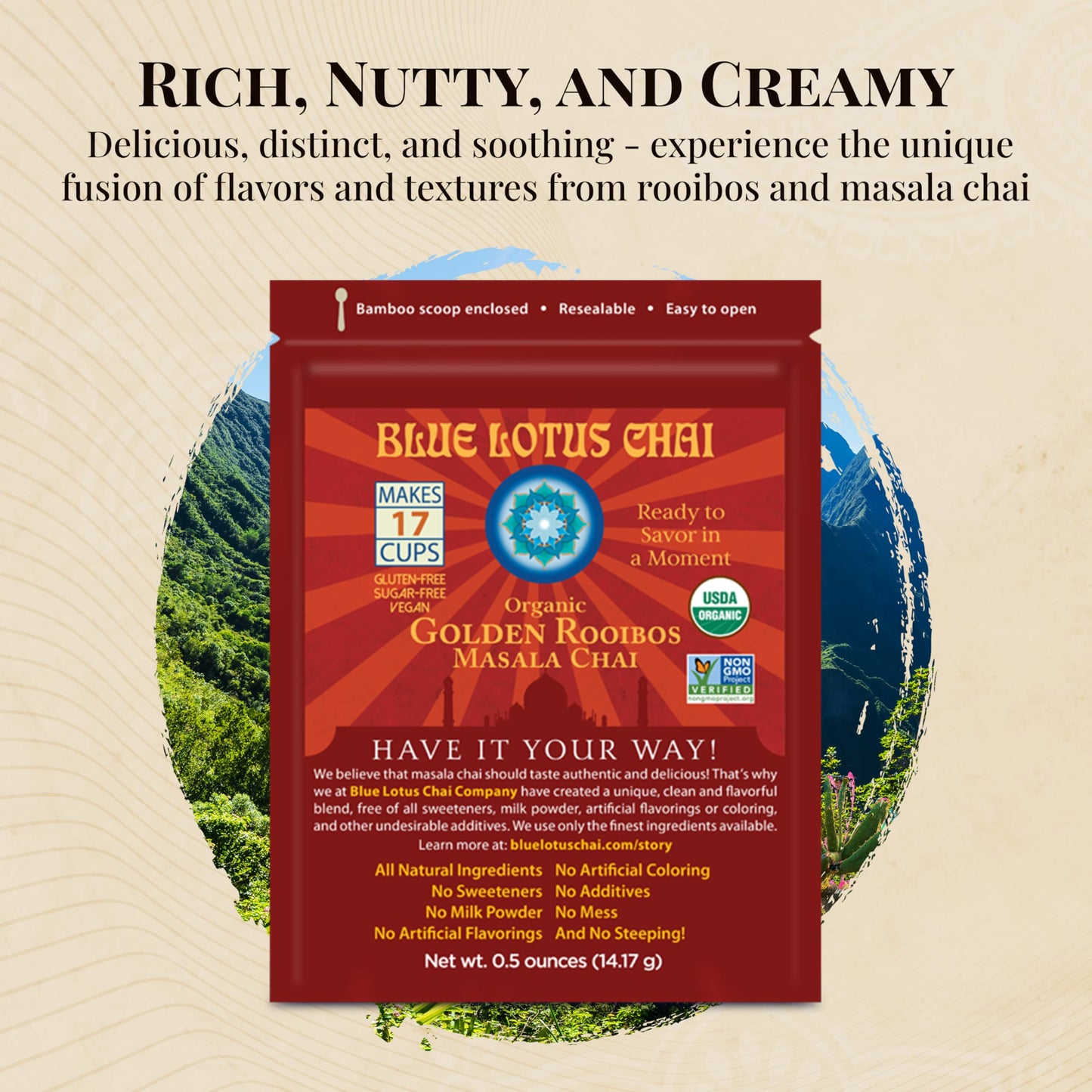 Blue Lotus Chai - Golden Rooibos Flavor Masala Chai - Makes 17 Cups - 0.5 Ounce Masala Spiced Chai Powder With Organic Spices -