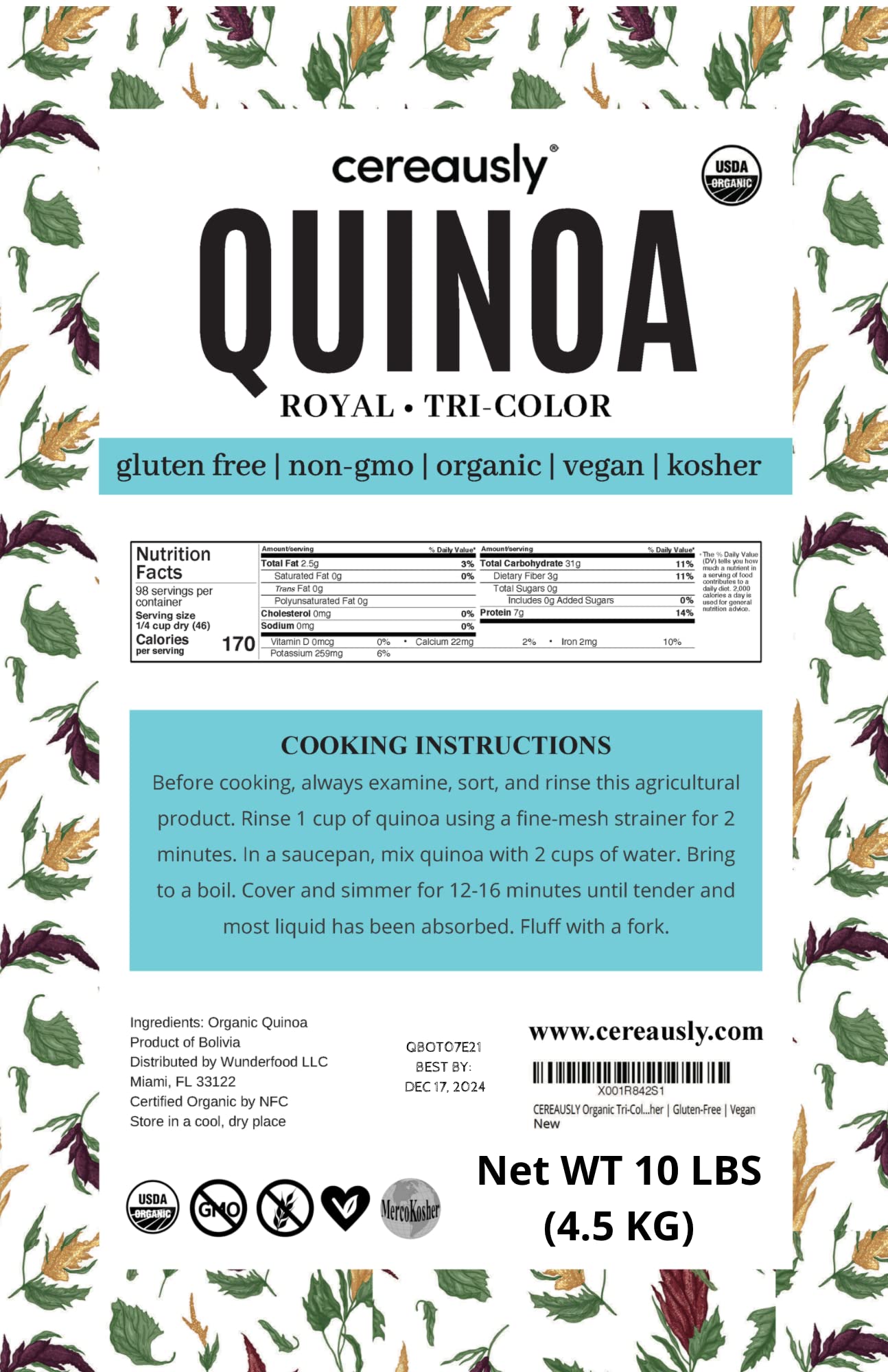 Cereausly Organic Tri-Color Quinoa, Vegan, Gluten-Free, 10 LB Bulk, Kosher, Non-GMO