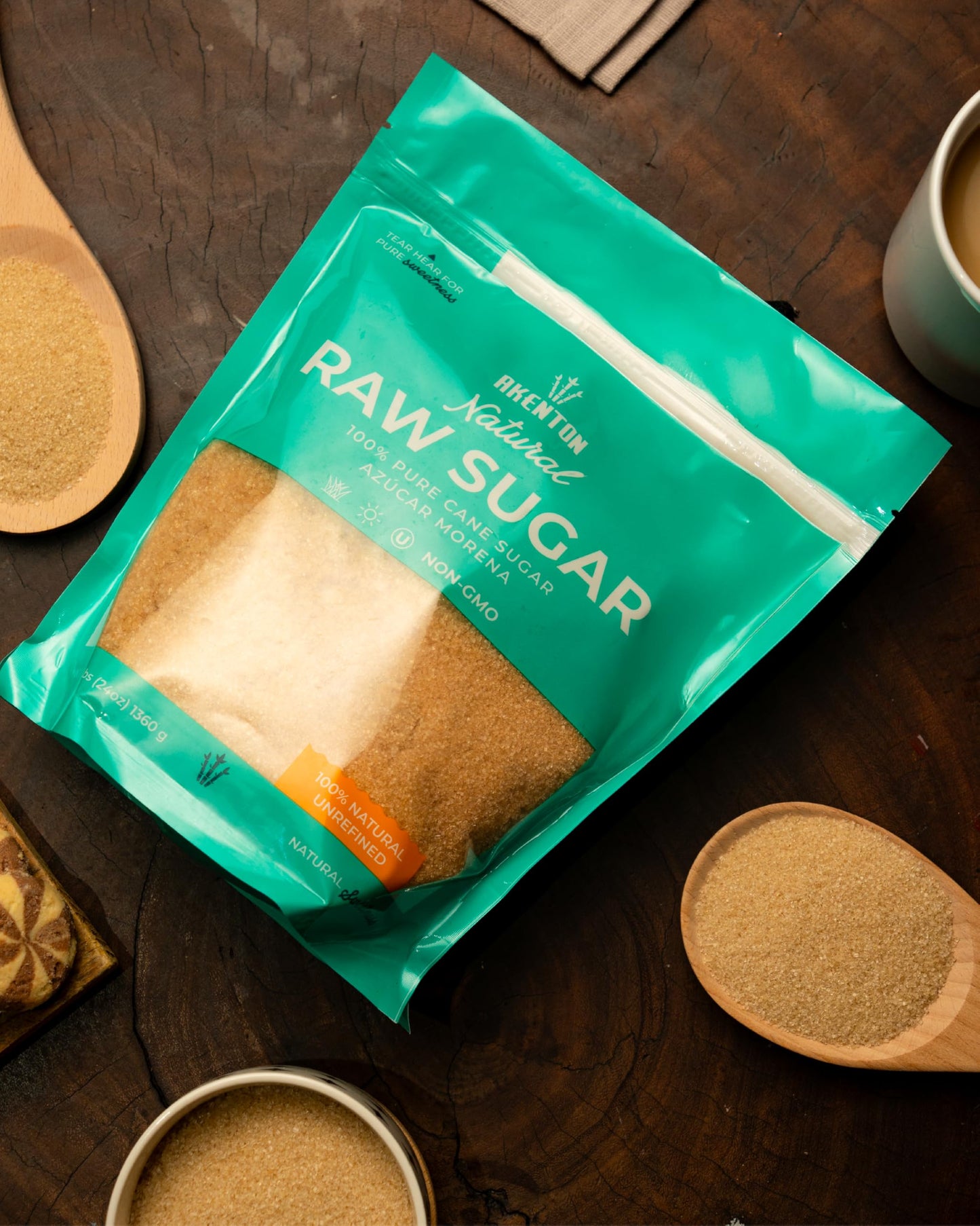 Akenton Natural Raw Cane Sugar, 3 Pound Resealable Bag | 100% Natural, Unprocessed, Unbleached, Unrefined Sugar | Gluten-Free, V