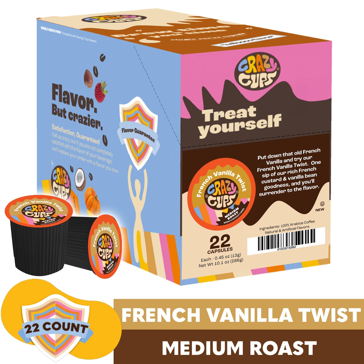 Crazy Cups Flavored Coffee Pods, French Vanilla Twist, Medium Roast, 22 Count, Compatible with Keurig K Cups