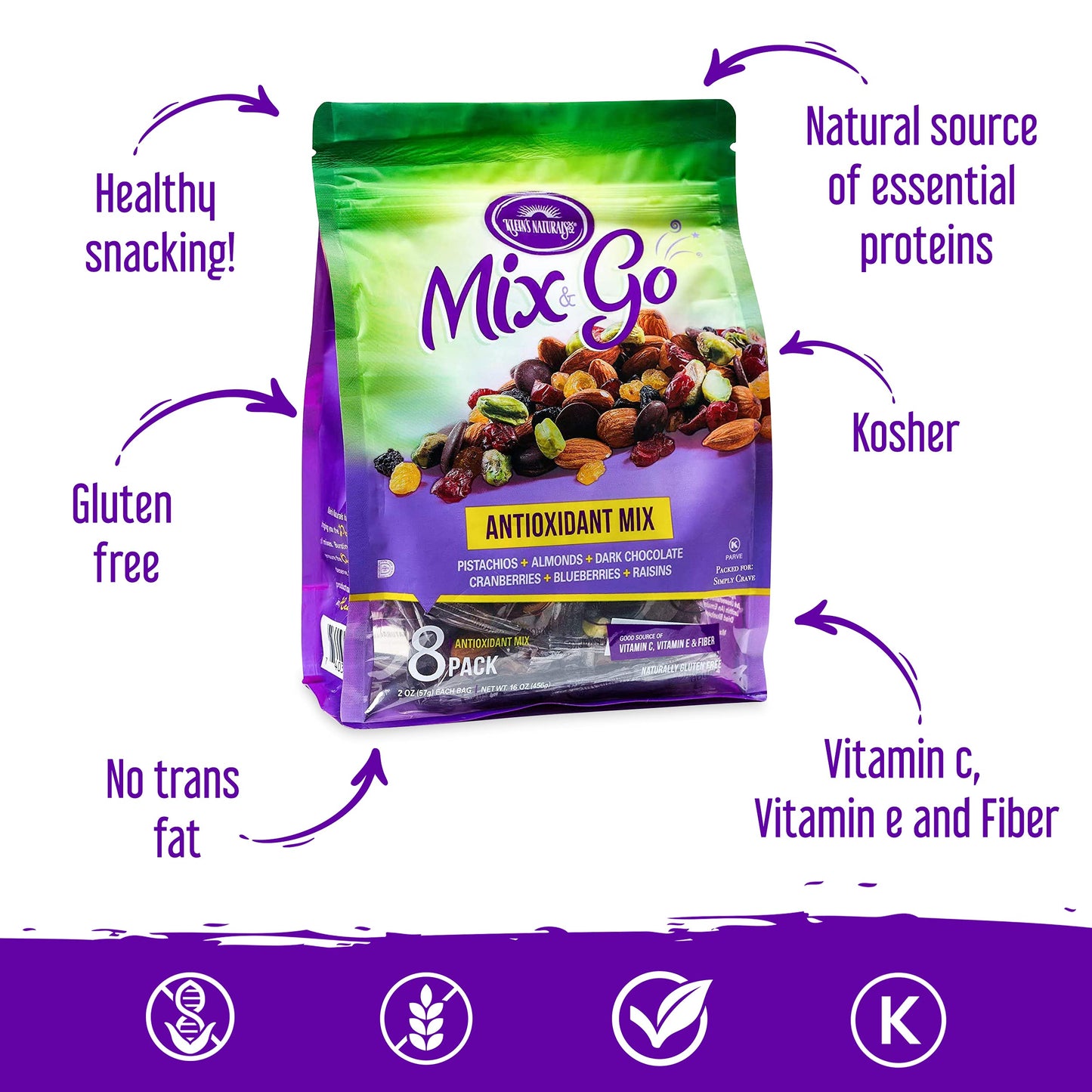 Mix And Go Single Serve Trail Mix Snack Packs, Healthy Snack Bag, Antioxidant Mix Fruit & Nut By Klein'S Naturals, Contains 16 P