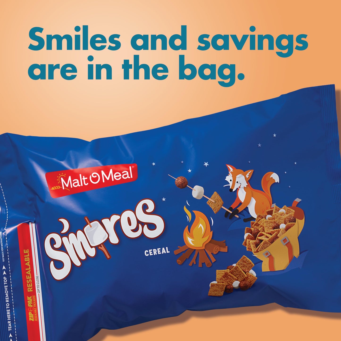 Malt-O-Meal Smores Breakfast Cereal, Chocolatey Puffs & Marshmallow Bits, 24 OZ Resealable Bag