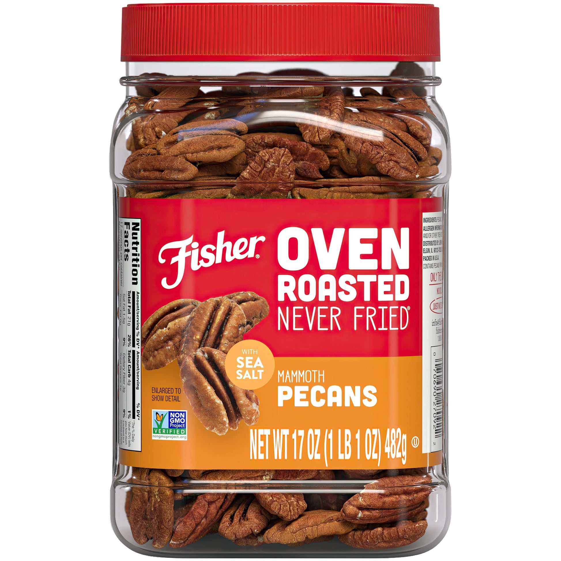 Fisher Mammoth Pecans, Roasted & Salted, Gluten Free, Vegan, 17 Ounces
