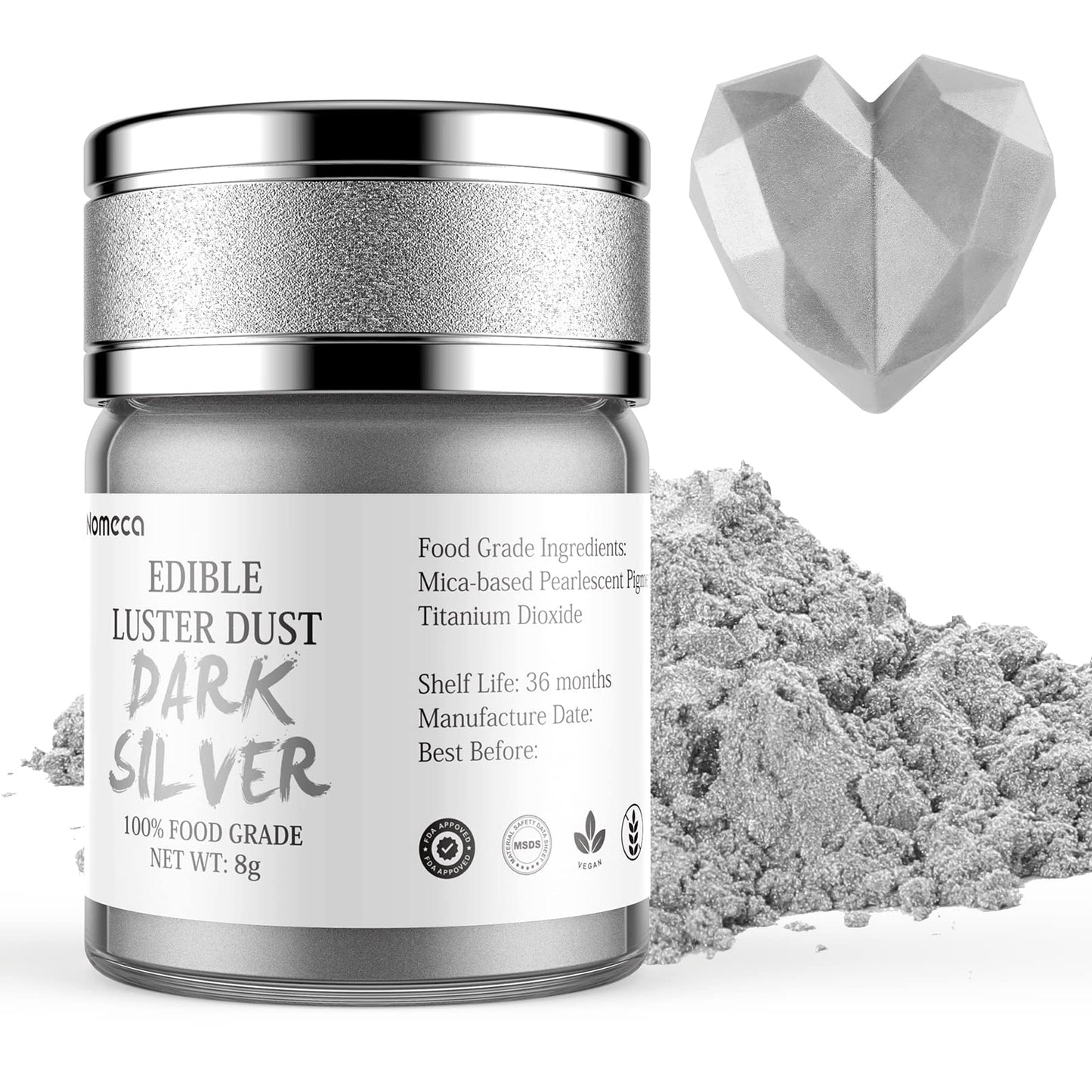 Nomeca Edible Luster Dust, Food Grade Shimmer Gold Metallic Powder, 8 Grams, Dark Silver for Cake Decorating, Baking, and Candy