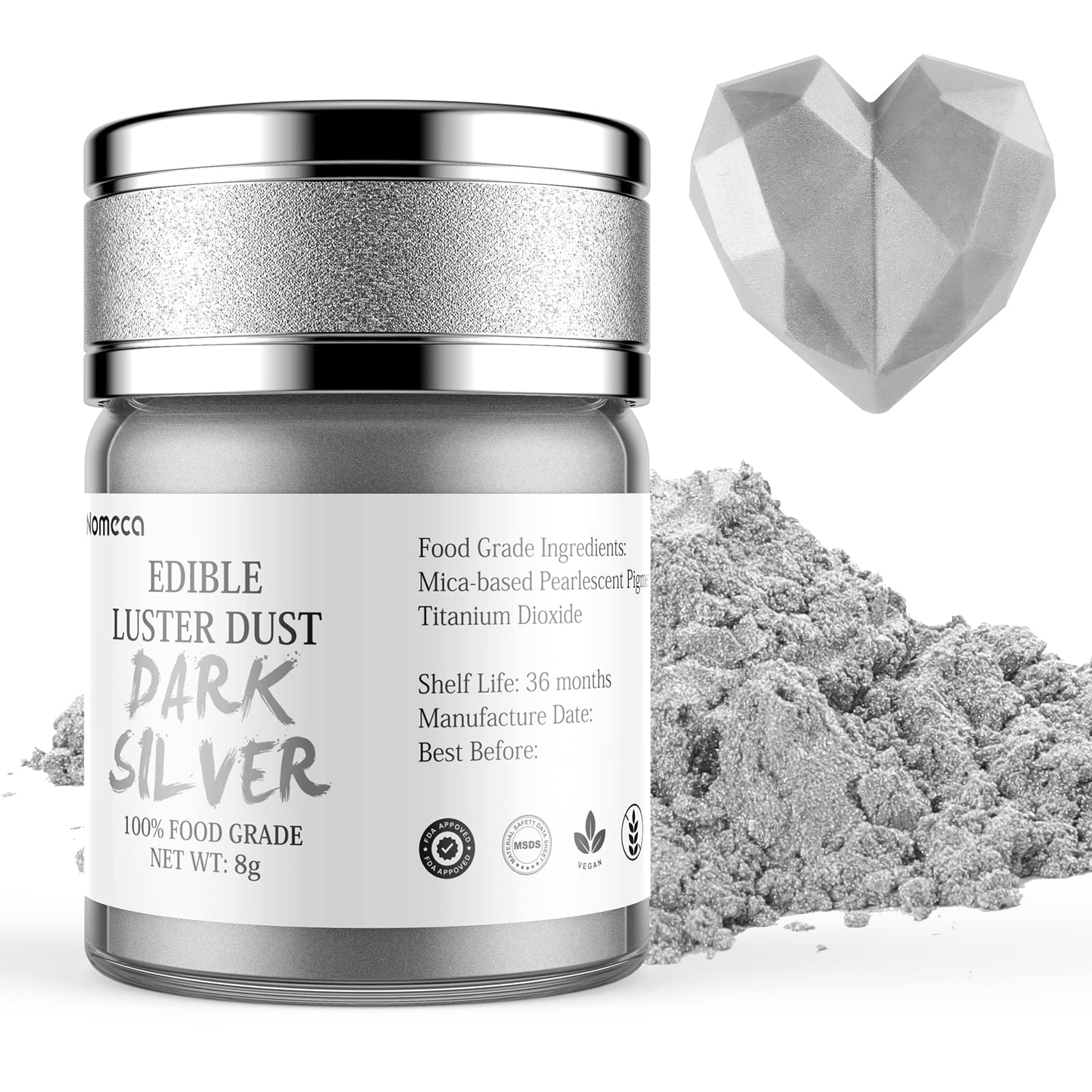 Nomeca Edible Luster Dust, Food Grade Shimmer Gold Metallic Powder, 8 Grams, Dark Silver for Cake Decorating, Baking, and Candy