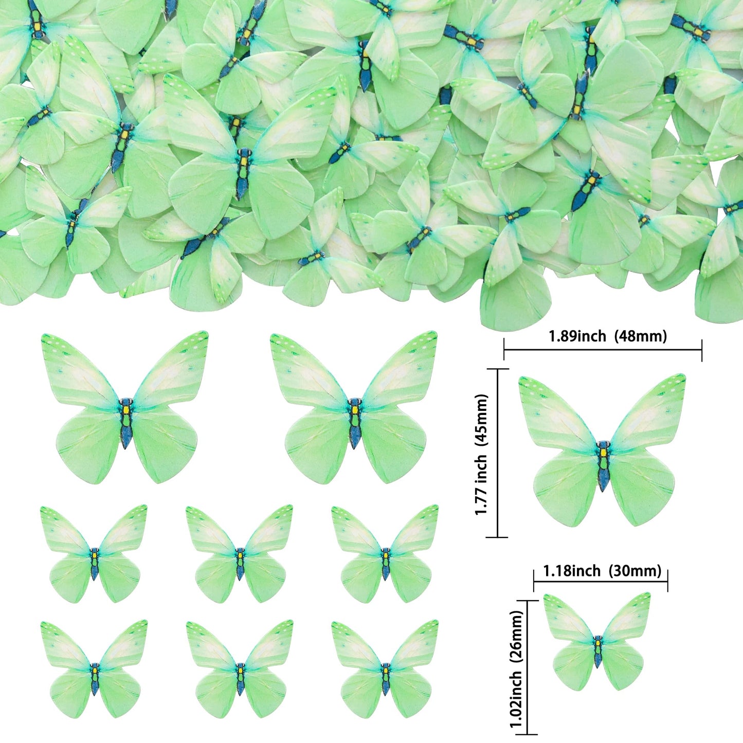 Gyufise 72Pcs Edible Butterfly Cupcake Toppers & Decorations For Butterfly Theme Baby Shower & Kids Birthday Party Cake Supplies - Green