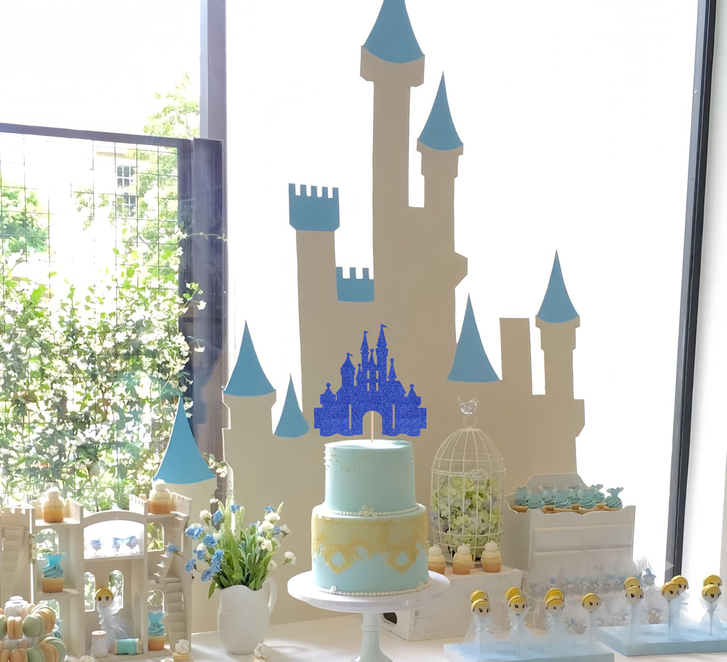EONNCNT Castle Cake Topper - Royal Blue Glitter Cardboard Birthday Decoration Supplies