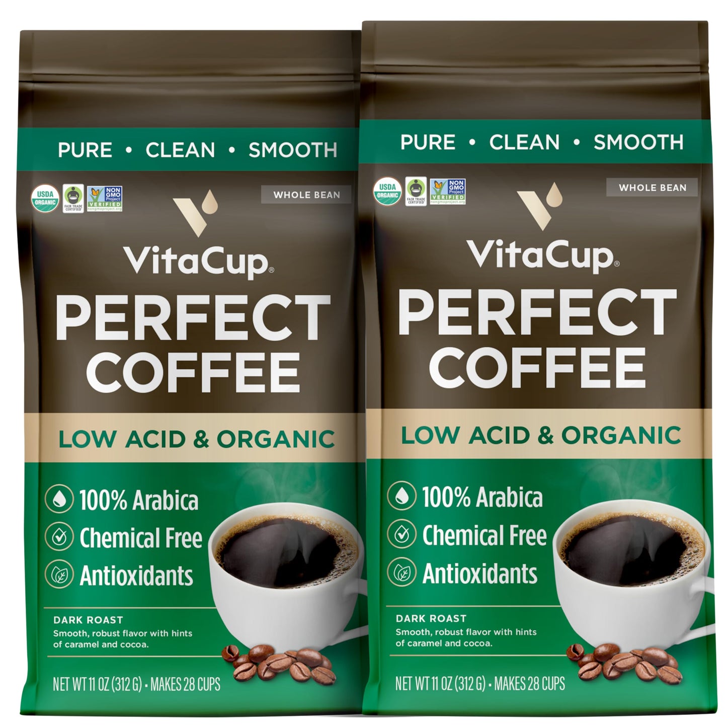 VitaCup Dark Roast Coffee Beans, USDA Organic, Low Acid, Whole Bean, 11oz (Pack of 2)