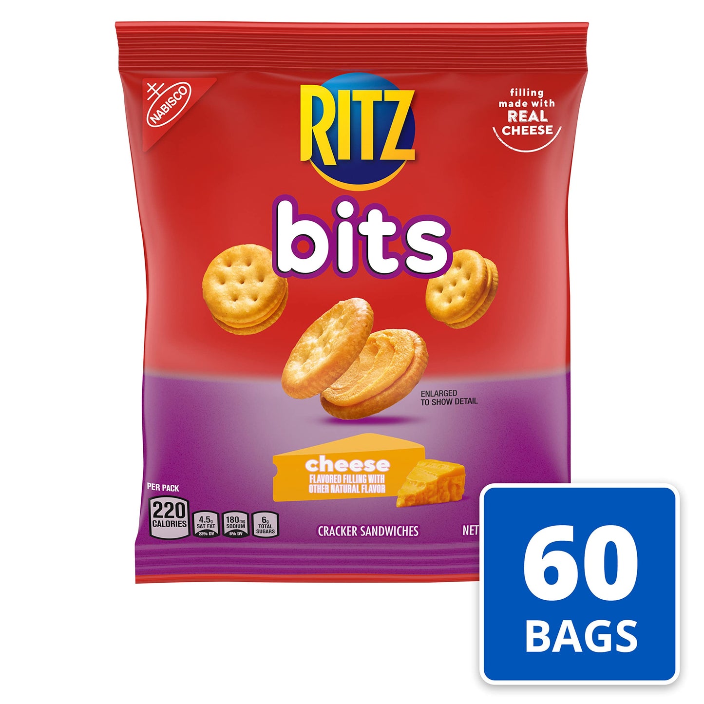 RITZ Bits Cheese Sandwich Crackers, Snacks for Kids and Adults, Bulk Lunch Snacks, 60 - 1.5 oz Packs