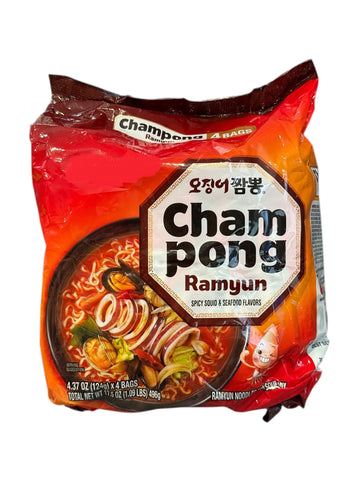 Generic Case Set - Champong Spicy Seafood Instant Noodles, 4 Bags x 4.58 Oz - Authentic South Korean Flavor