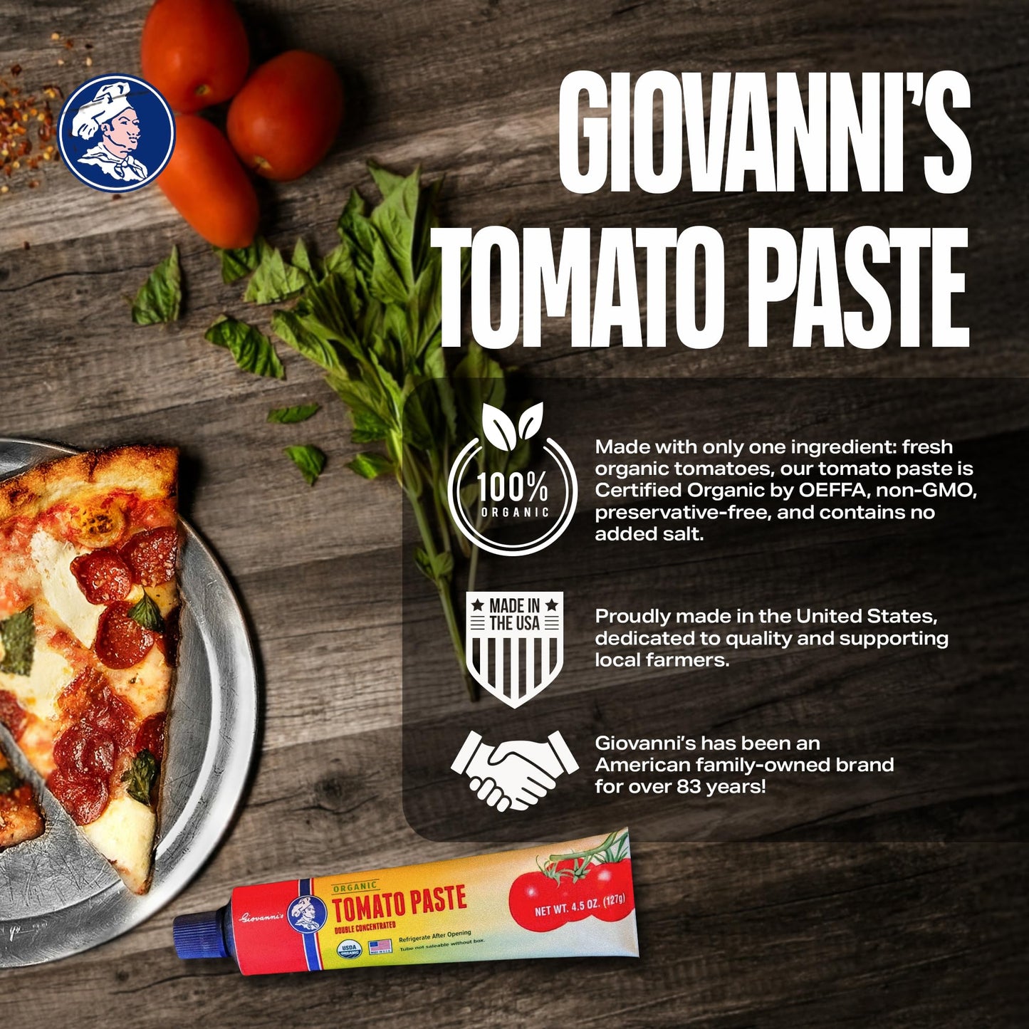 Giovannis Organic Double Concentrated Tomato Paste - Made In The Usa With San Joaquin Valley Vine-Ripened Tomatoes, 4.5 Oz Tube