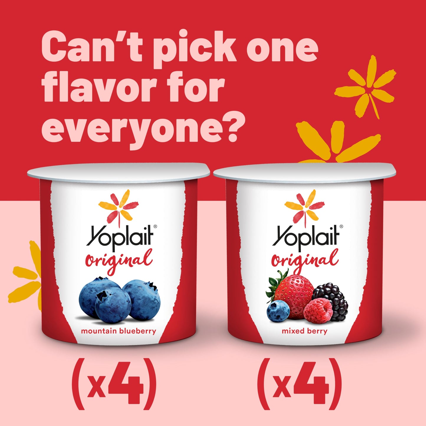 Yoplait Original Low Fat Yogurt Variety Pack, Mountain Blueberry and Mixed Berry, Made with Real Fruit, 8 Yogurt Cups, 48 oz