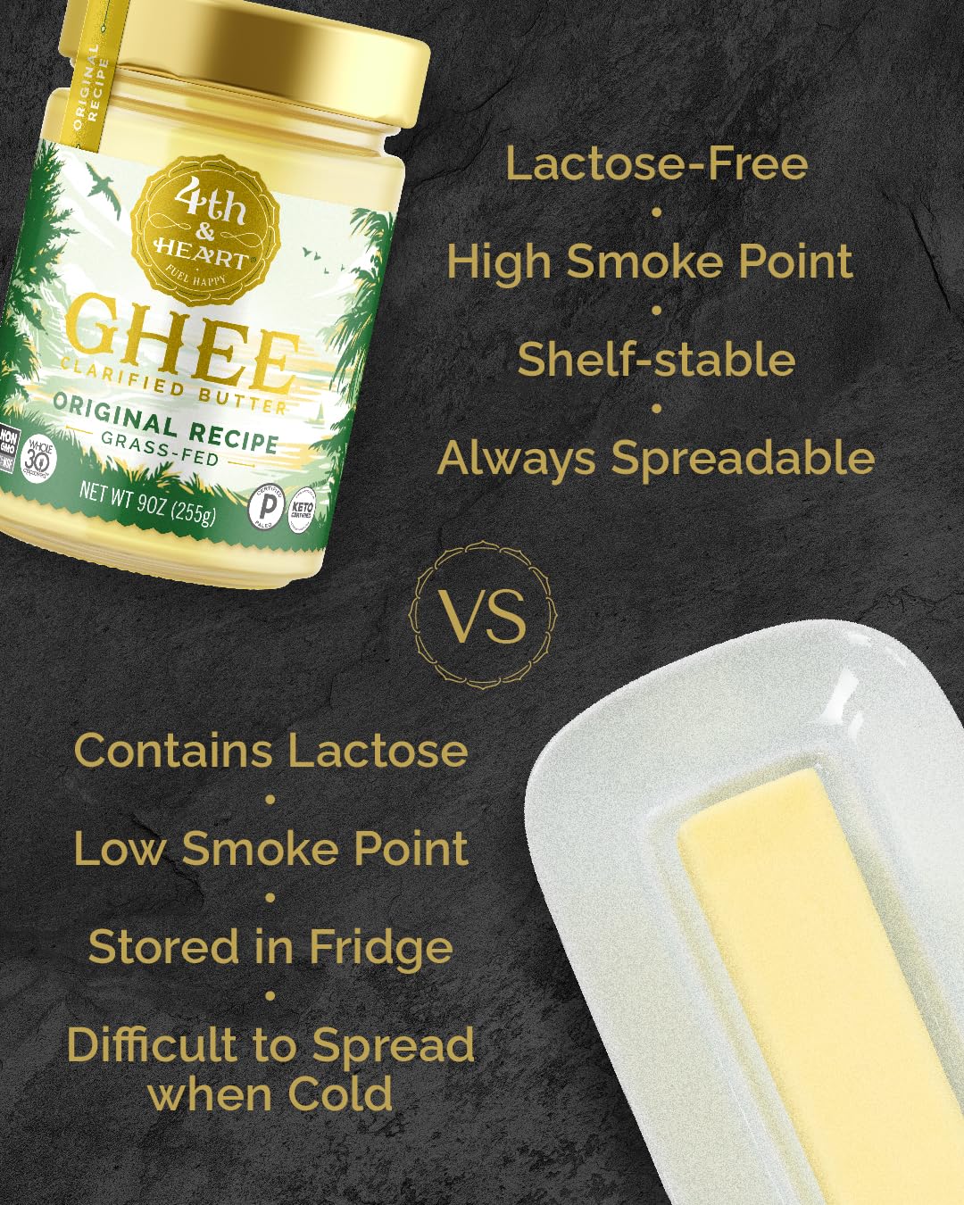 4th & Heart Ghee, Clarified Butter, Grass-Fed, Keto, 32 Ounces, Lactose and Casein Free, Certified Paleo