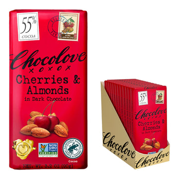 Chocolove Cherry & Almonds Dark Chocolate Bars | 55% Cocoa | Infused with Real Cherries & Crunchy Almonds | Crafted with Premium