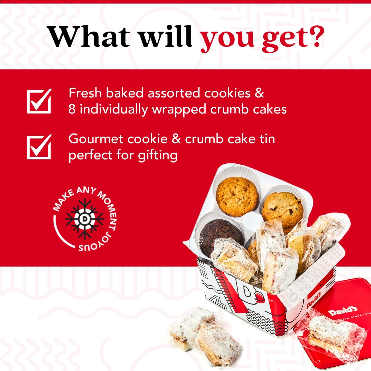 Davids Cookies Assorted Fresh Baked Cookies & Cspirit-inspired flavorb Cake Tin – 1Lb Assorted Cookies + 8 Wrapped Cspirit-inspired flavorb Cakes with Raspberry & Butter Flavors