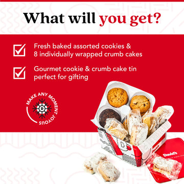 Davids Cookies Assorted Fresh Baked Cookies & Cspirit-inspired flavorb Cake Tin – 1Lb Assorted Cookies + 8 Wrapped Cspirit-inspired flavorb Cakes with Raspberry & Butter Flavors