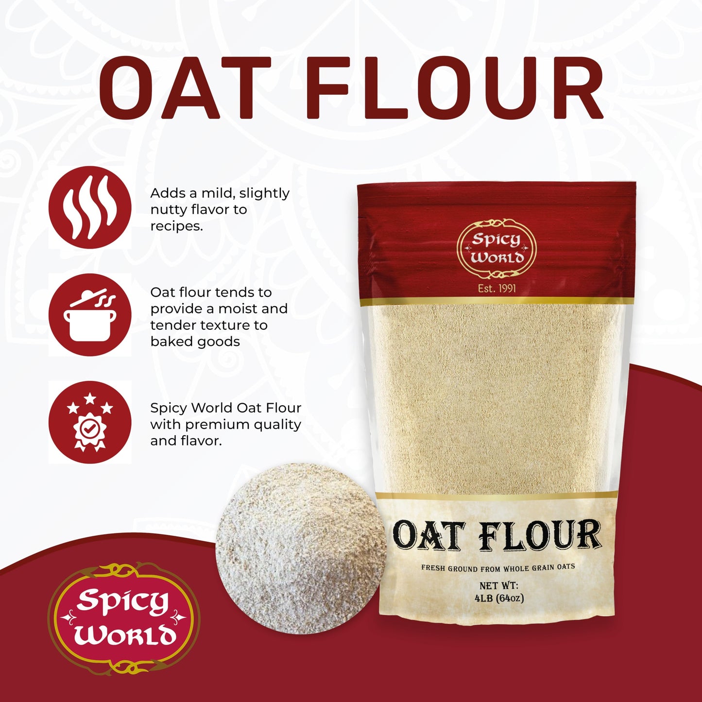 Spicy World Whole Grain Oat Flour - Non-GMO, 64 Ounce (4 Pound) Bag