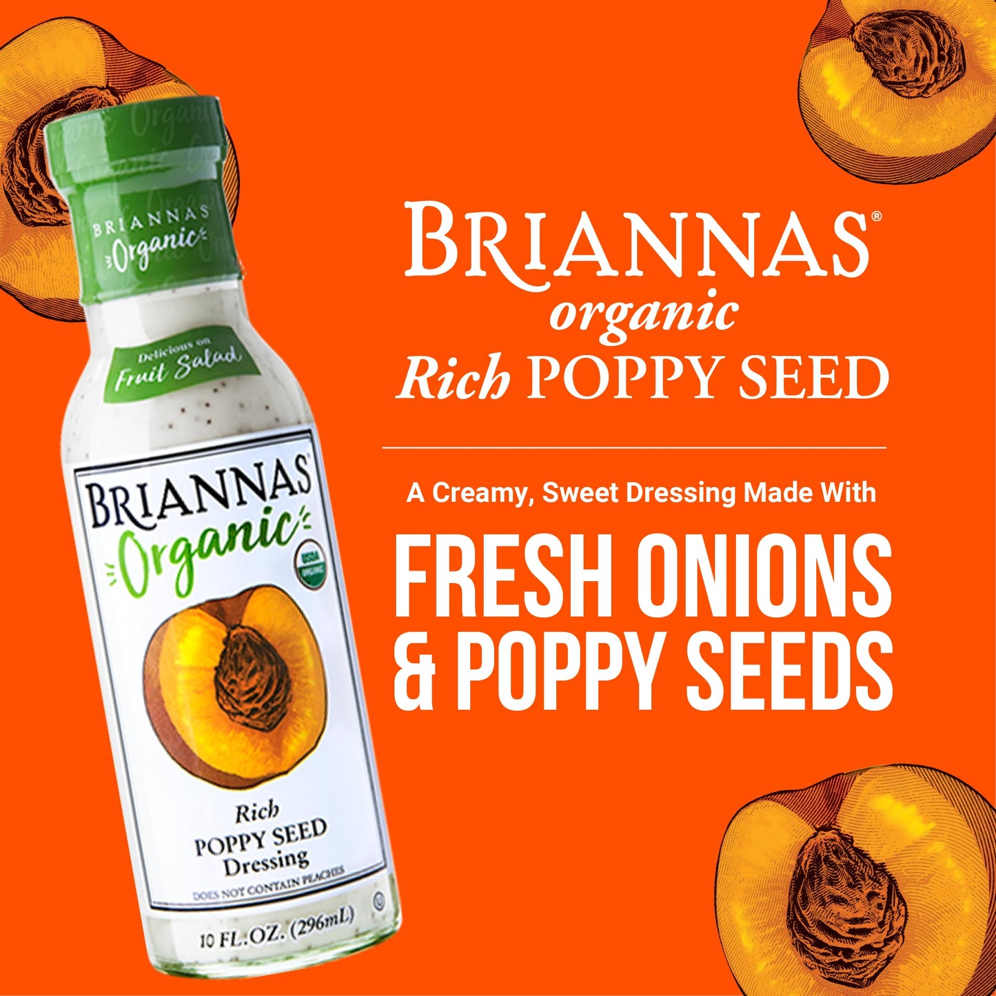 BRIANNAS Organic Poppy Seed Dressing - Certified Kosher Salad Dressing - 10 Fl Oz Bottle