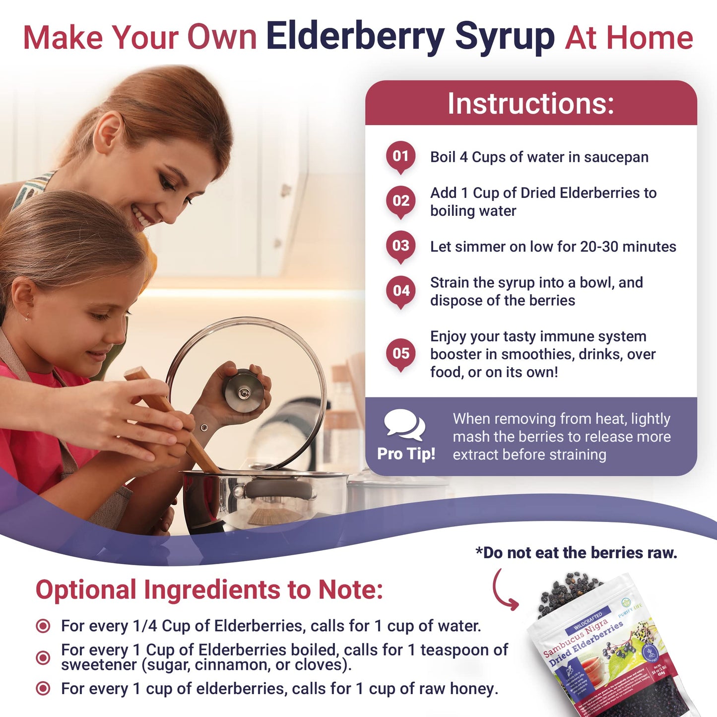 Purify Life Dried Elderberries - 1lb Bulk, Wildcrafted, Non-GMO, Whole, Model DE1