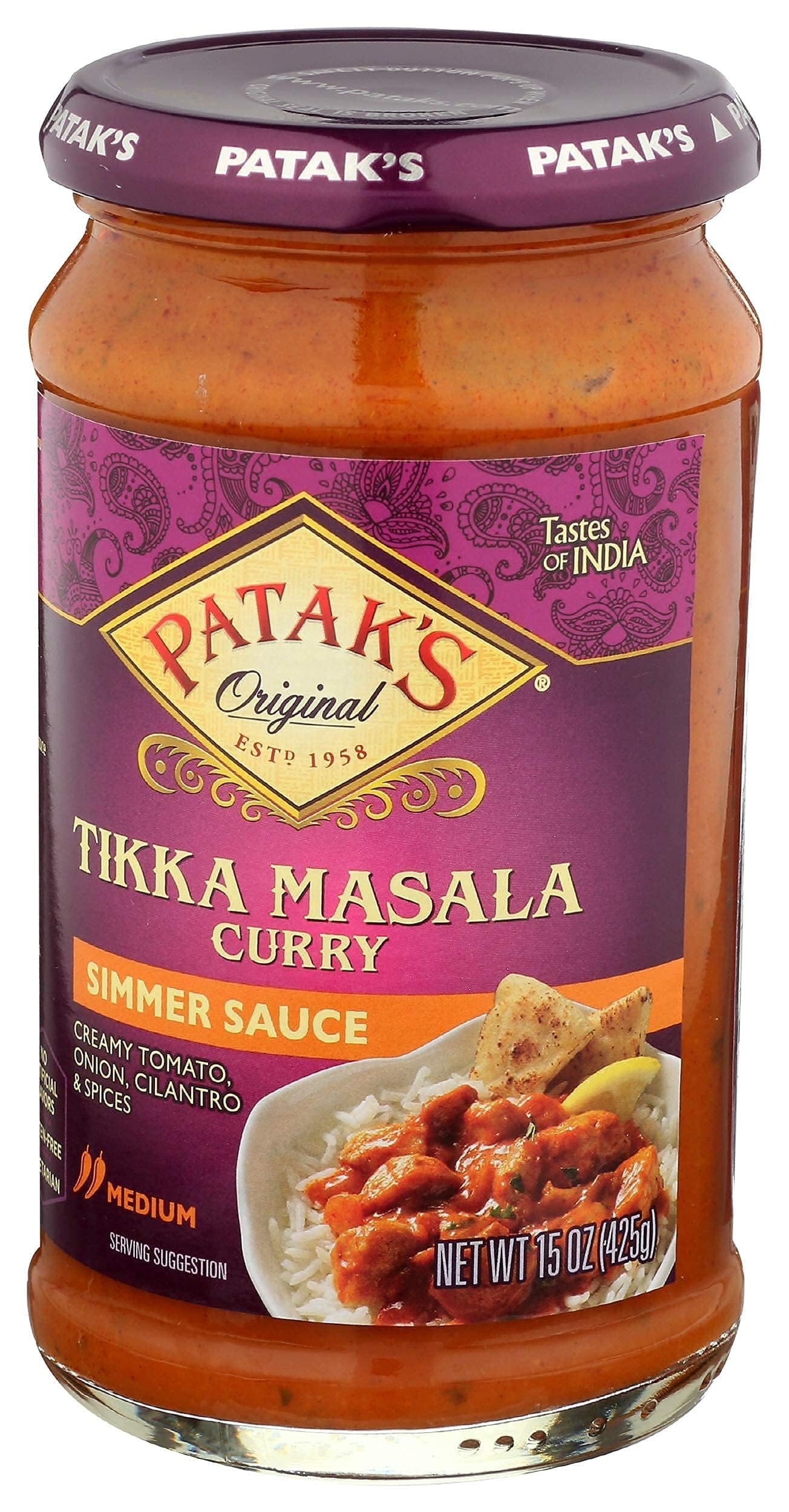 Patak'S Tikka Masala Simmer Sauce - 15 Oz (Pack Of 3) – With Creamy Tomato, Onion, Cilantro, And Spices, No Artificial Flavors, Gluten Free, Vegetarian Friendly