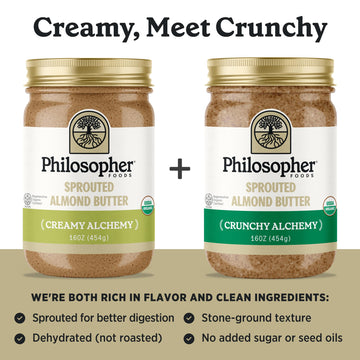 Philosopher Foods - Creamy + Crunchy Alchemy Sprouted Almond Butter - 16 Oz (Pack Of 2) - Stone Ground Regenerative Organic Crea